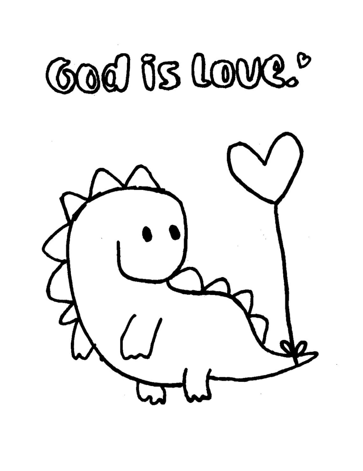A colouring page with a picture of a cute dinosaur and a heart balloon.